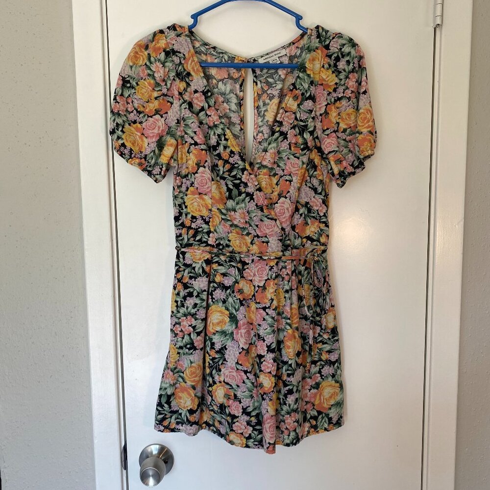American Eagle Floral Print Puff Sleeve Romper
